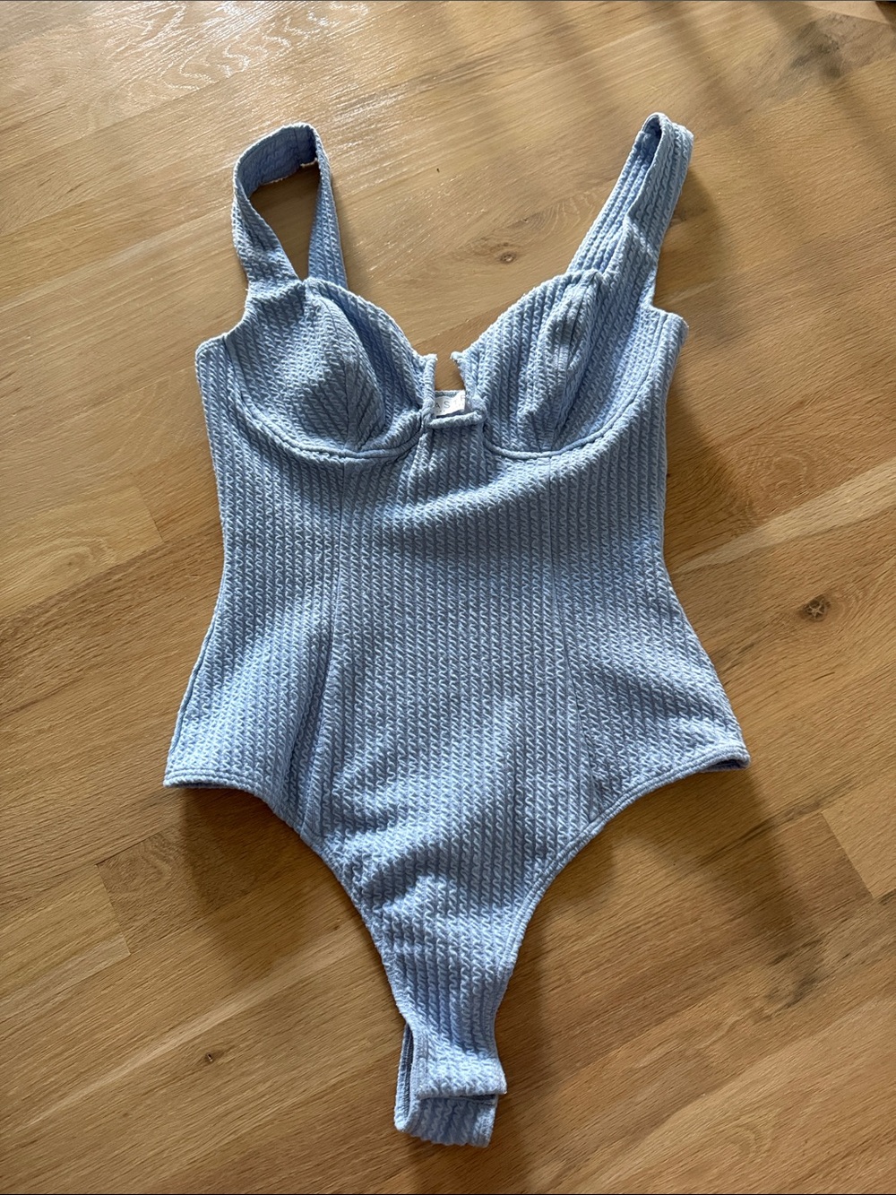 Astr Blue Textured Ribbed Underwire Bodysuit